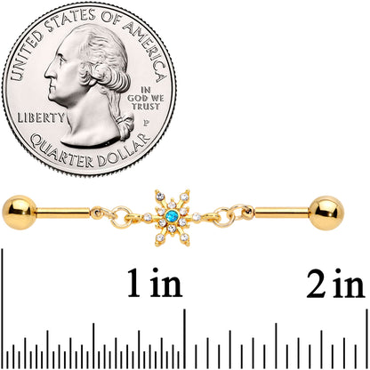 14G Blue CZ Gem Gold Hue Snowflake Double Industrial Barbell 38mm