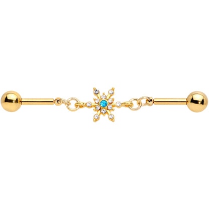 14G Blue CZ Gem Gold Hue Snowflake Double Industrial Barbell 38mm