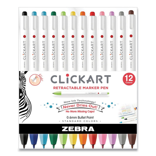 Zebra ClickArt Porous Point Pen, Retractable, Fine 0.6 mm, Assorted Ink Colors, White/Assorted Barrel, 12/Pack