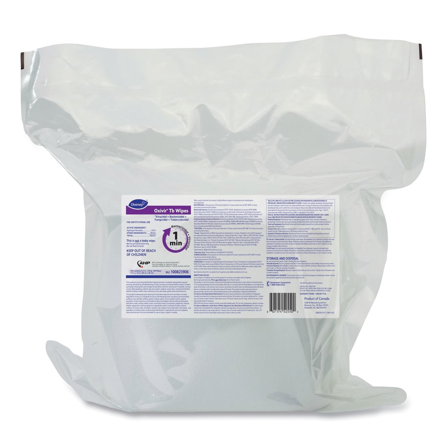 Diversey Oxivir TB Disinfectant Wipes Refill, 11 x 12, Unscented, White, 160 Wipes/Refill Pouch, 4 Refill Pouches/Carton