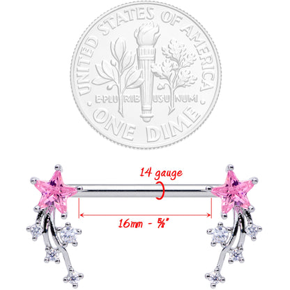 14G 5/8 Pink Clear CZ Gem Shooting Star Barbell Nipple Ring Set