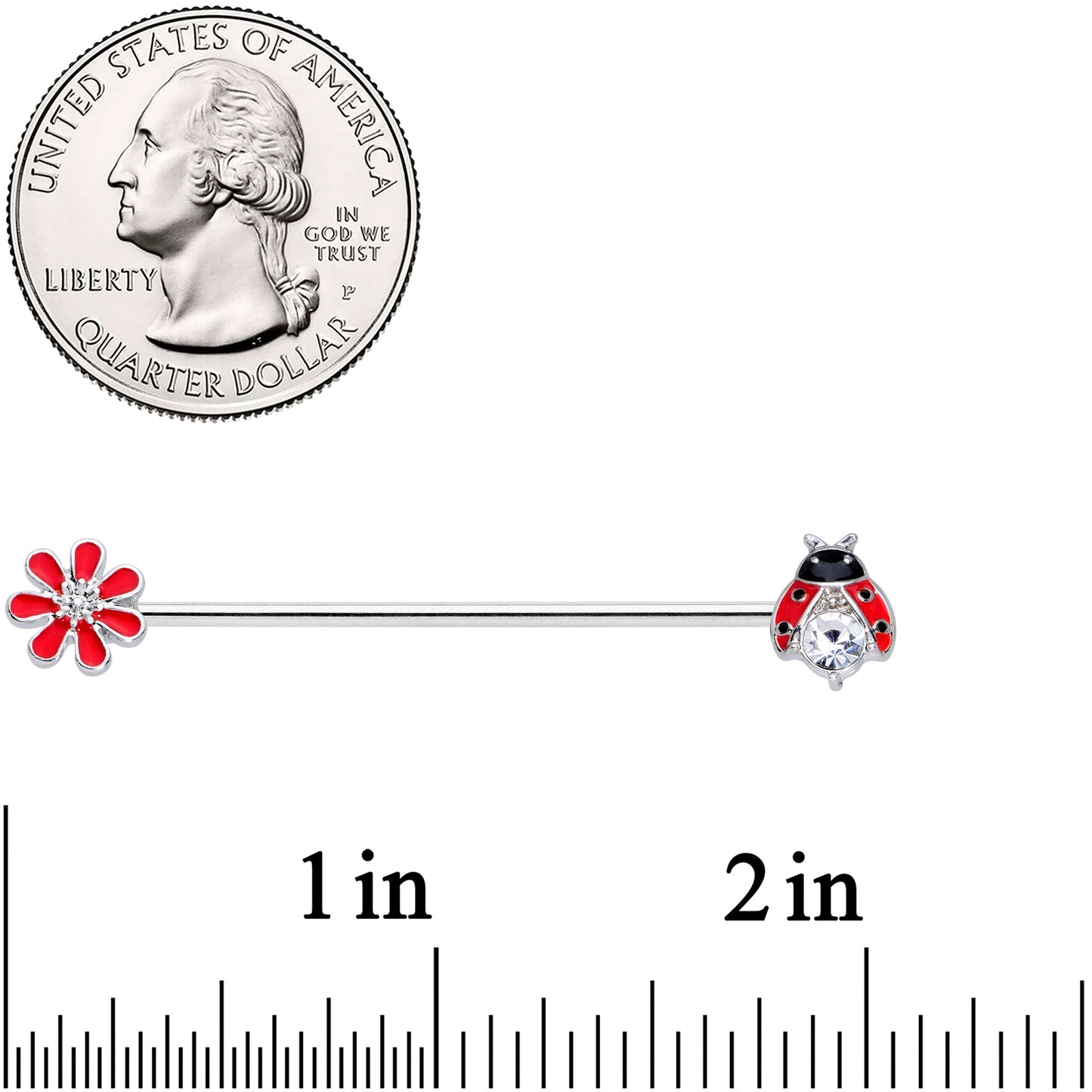 14G Clear Gem Red Ladybug Flower Industrial Barbell 38mm