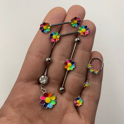 Clear Gem Rainbow Hippie Flower Dangle Belly Ring