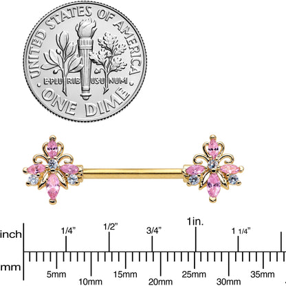 14G 9/16 Pink CZ Gem Gold Tone Pretty Barbell Nipple Ring Set
