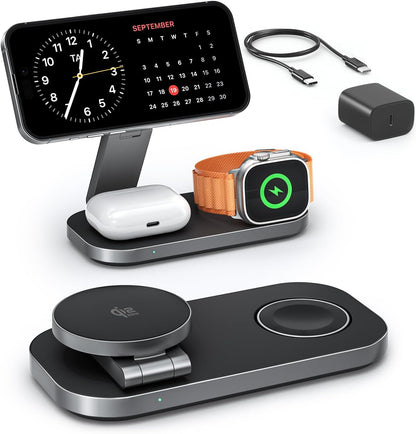 3-In-1 Charging Station for Apple Device, Qi2 25W Certified Magnetic Wireless Foldable Fast Charger Stand Compatible with Magsafe for Iphone 17E/17/16/15/14/13/12/Air Series, Apple Watch & Airpods