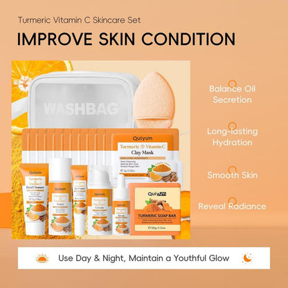 Hydrating Turmeric Skin Care Moisture Set, 1 Set Facial Cleanser & Toner & Serum & Eye Cream & Face Moisturizer & Soap & Makeup Bag & 12Pcs Mud Mask, Moisturizing Skin Care Kit for Women, Hydrate Skin Care Products, Glow Kit, Skin Care Sets