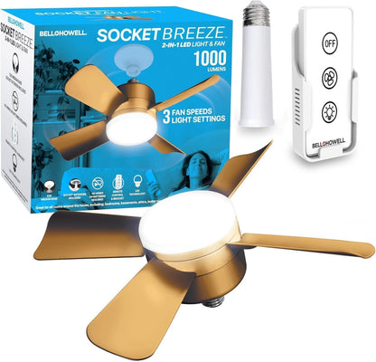 Bell+Howell Socket Breeze Modern Ceiling Fans with LED Lights, 10" LED E26/E27 Screw Base Mini Light Socket Fan with Cord for Bedroom, Living Room, Kitchen, Balcony