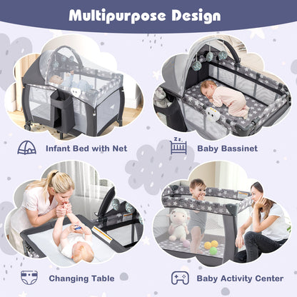 Portable Baby Nursery Center 4-in-1 Portable Travel Crib-Gray