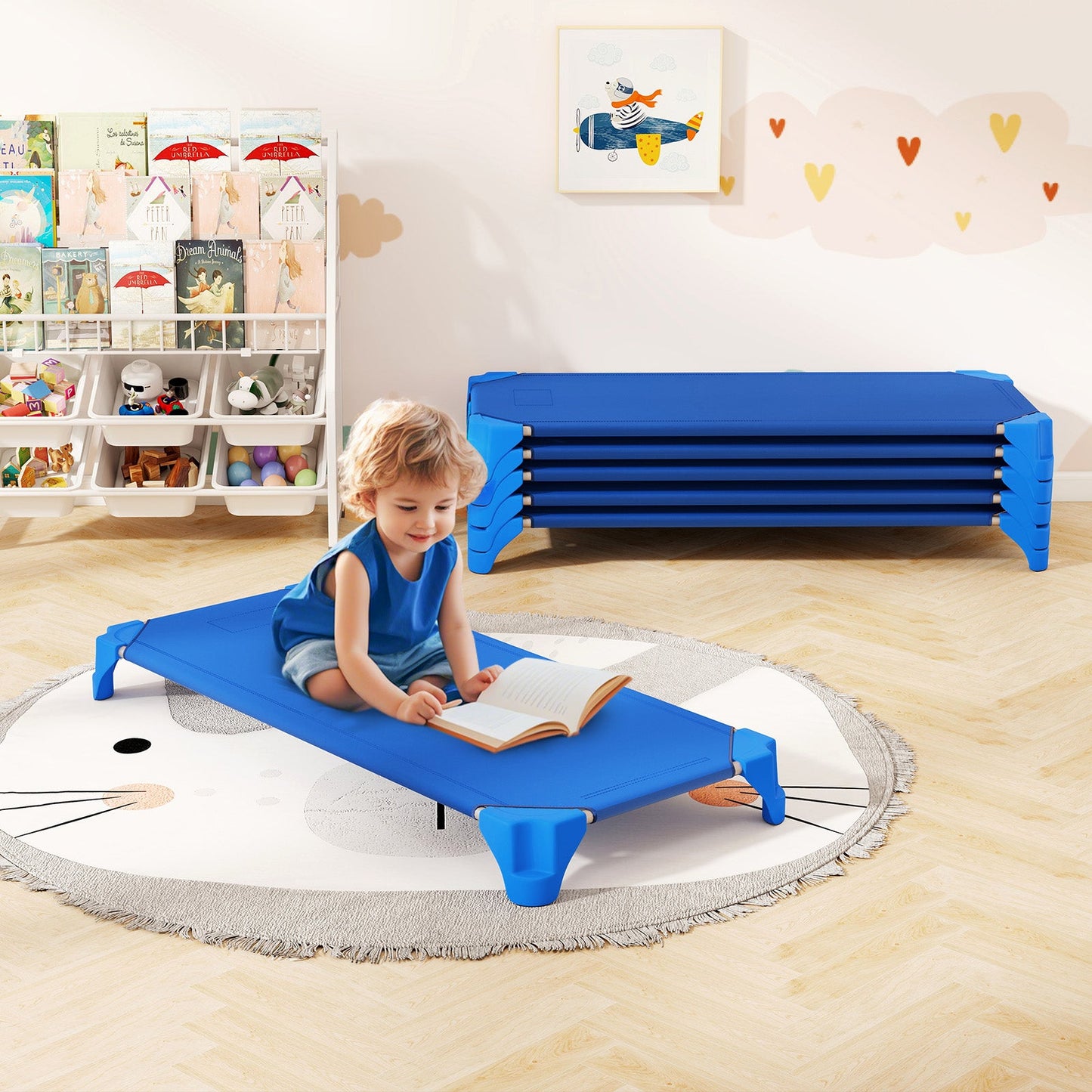 Portable 6 Pack Stackable Daycare Cots Sleeping Bed for Kids 52 Inch-Blue