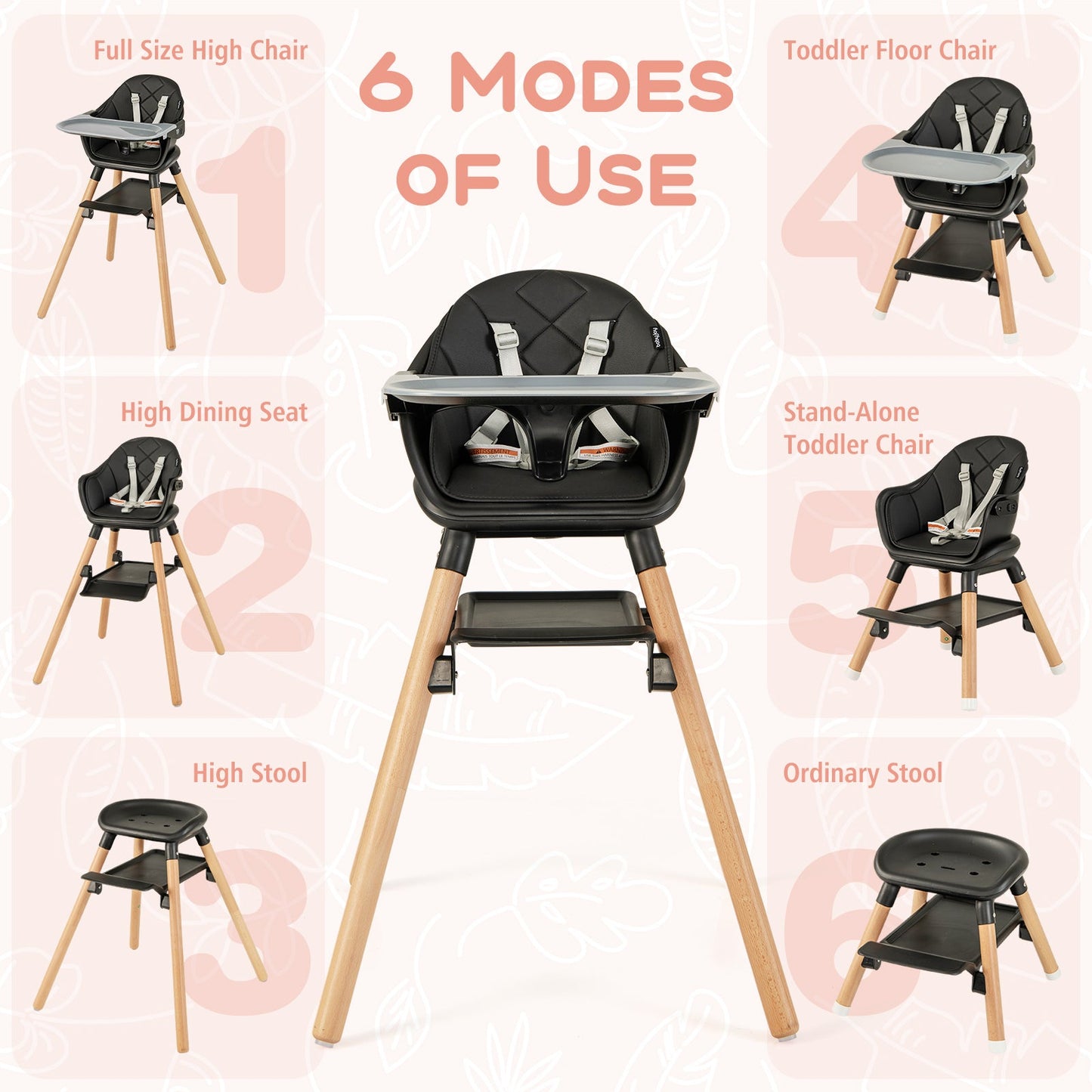 6 in 1 Convertible Highchair with Safety Harness and Removable Tray-Black