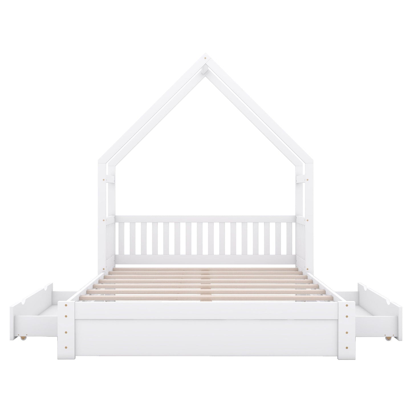 House Style Platform Bed With Guardrail And 2 Drawers