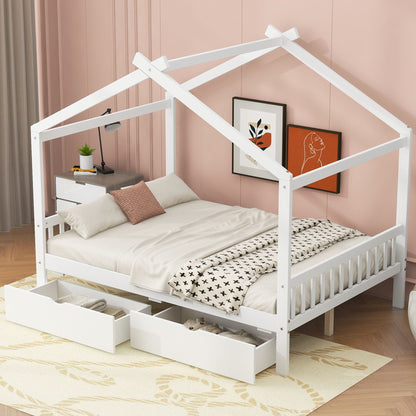 House Style Platform Bed With Headboard, Footboard, 2 Drawers, And Roof Design