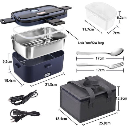 Electric Lunch Box 80W 1.5L Stainless Steel Bento Warmer with Indicator Light & Portable Tableware Set for Home Office Travel Food Quick Storage Fork 80W/1.5L/Black