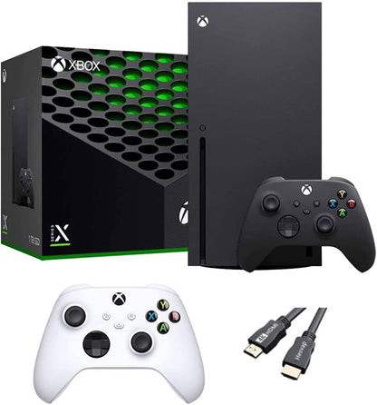 X-Box Series X Gaming Console Bundle - 1TB SSD Black X-Box Console with Two Wireless Controllers -Black and White -And Ahaghug Authorized HDMI Cable