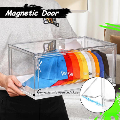 [Video Only] Vtopmart Hat Organizer for Baseball Caps,Clothing with Clear Holder Box, Large Cap Storage with Sliding Tray, Stackable Rack Display Case & Magnetic Door