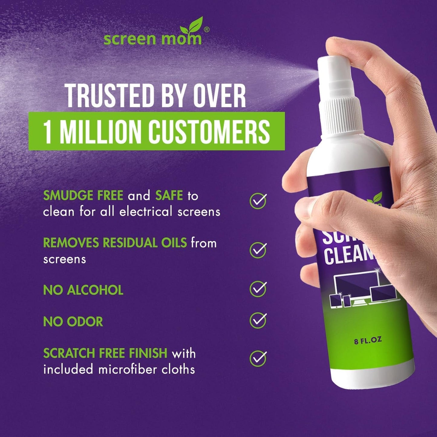 Screen Cleaner Spray and Microfiber Cloth 2-Pack (2X8Oz) by Screen Mom-Screen Cleaner Spray and Wipe for TV, Computer, Phone, Ipad, Car Screen Cleaning Kit Electronic Cleaner Spray