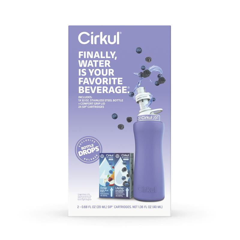 Cirkul 32Oz. Periwinkle Stainless Steel Water Bottle Starter Kit with Blue Lid, 2 Flavor Cartridges (1 Lifesip Blackberry Blueberry and 1 Gosip Berry Blue Punch), Zero Calories and No Sugar