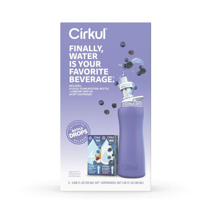 Cirkul 32Oz. Periwinkle Stainless Steel Water Bottle Starter Kit with Blue Lid, 2 Flavor Cartridges (1 Lifesip Blackberry Blueberry and 1 Gosip Berry Blue Punch), Zero Calories and No Sugar
