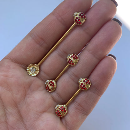 14G Red Gem Gold Tone Ladybug Flower Industrial Barbell 38mm