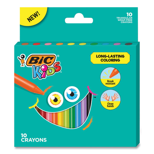 BIC Kids Coloring Triangle Crayons, 10 Assorted Colors, 10/Pack