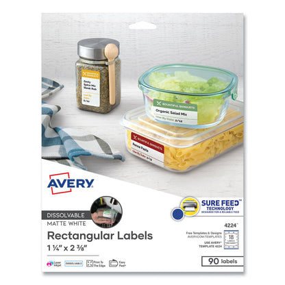 Avery White Dissolvable Labels w/ Sure Feed, 1.25 x 2.38, White, 90/PK