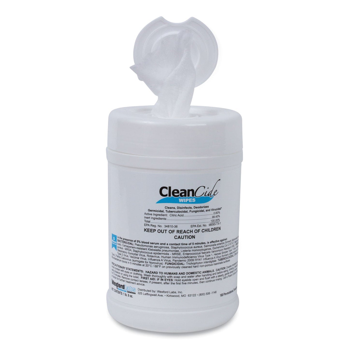 Wexford Labs CleanCide Disinfecting Wipes, 6.5 x 6, Fresh Scent, 160/Canister, 12 Canisters/Carton