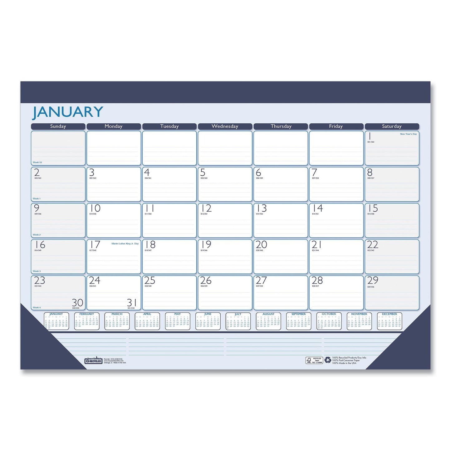 House of Doolittle Recycled Contempo Desk Pad Calendar, 22 x 17, White/Blue Sheets, Blue Binding, Blue Corners, 12-Month (Jan to Dec): 2023