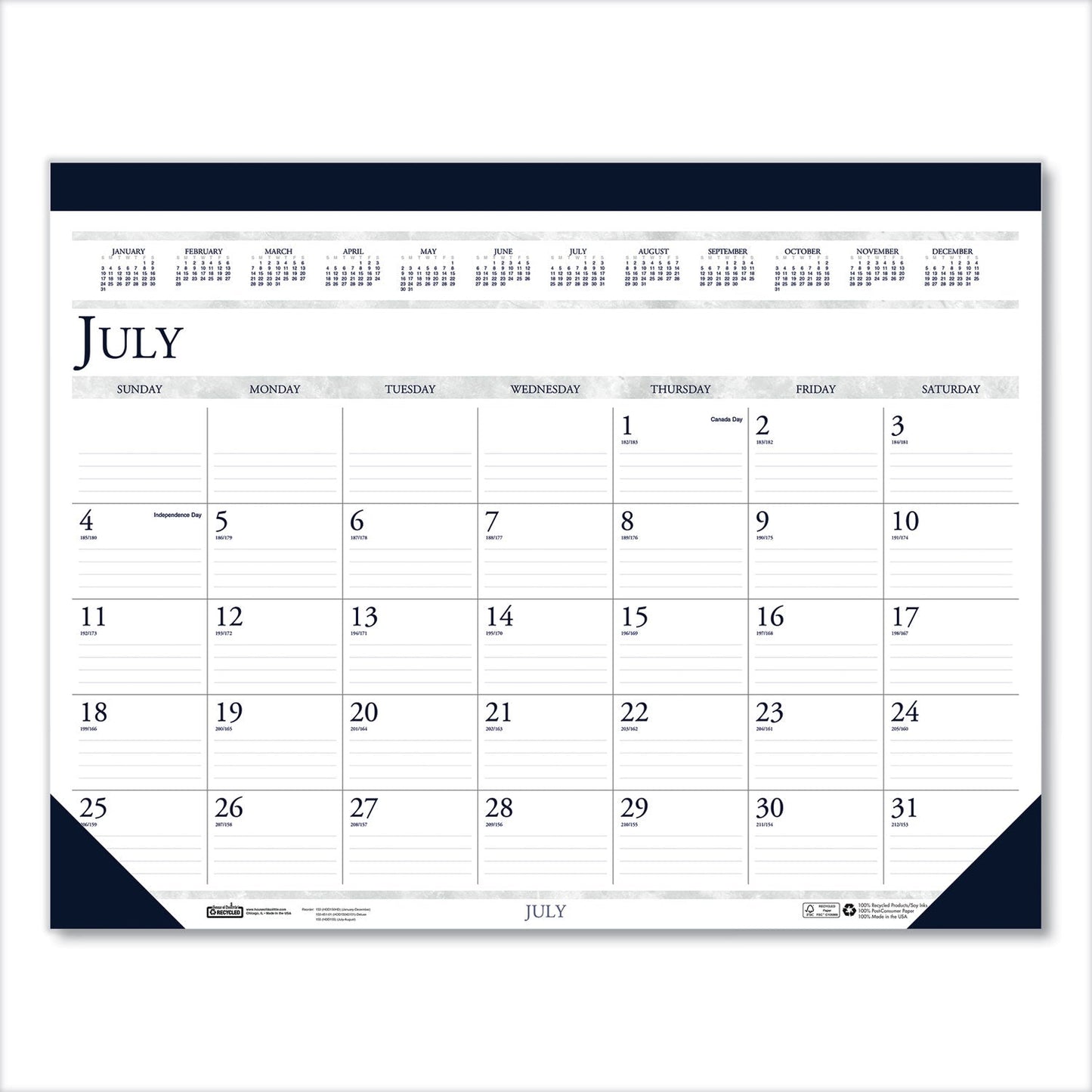 House of Doolittle Recycled Academic Desk Pad Calendar, 18.5 x 13, White/Blue Sheets, Blue Binding/Corners, 14-Month (July to Aug): 2022 to 2023