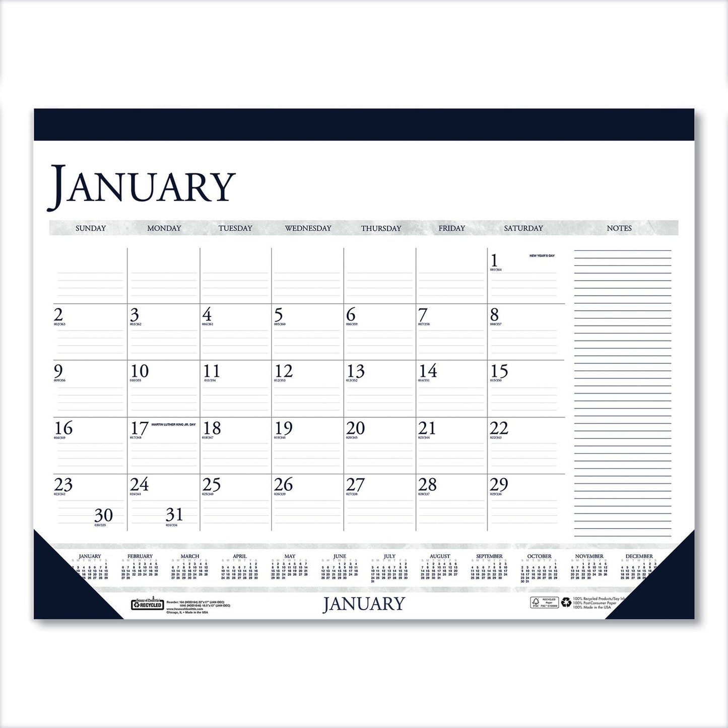 House of Doolittle Recycled Two-Color Monthly Desk Pad Calendar with Notes Section, 18.5 x 13, Blue Binding/Corners, 12-Month (Jan-Dec): 2023