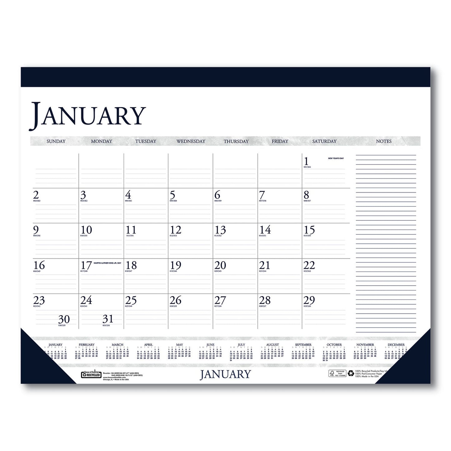 House of Doolittle Recycled Two-Color Monthly Desk Pad Calendar with Notes Section, 22 x 17, Blue Binding/Corners, 12-Month (Jan-Dec): 2023