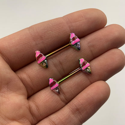 14G 9/16 Clear Gem Rainbow Ice Cream Cone Barbell Nipple Ring Set