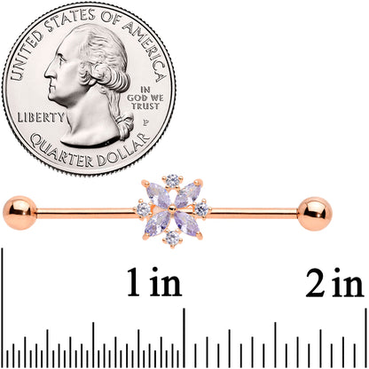 14G Purple CZ Gem Rose Gold Tone Star Burst Industrial Barbell 38mm