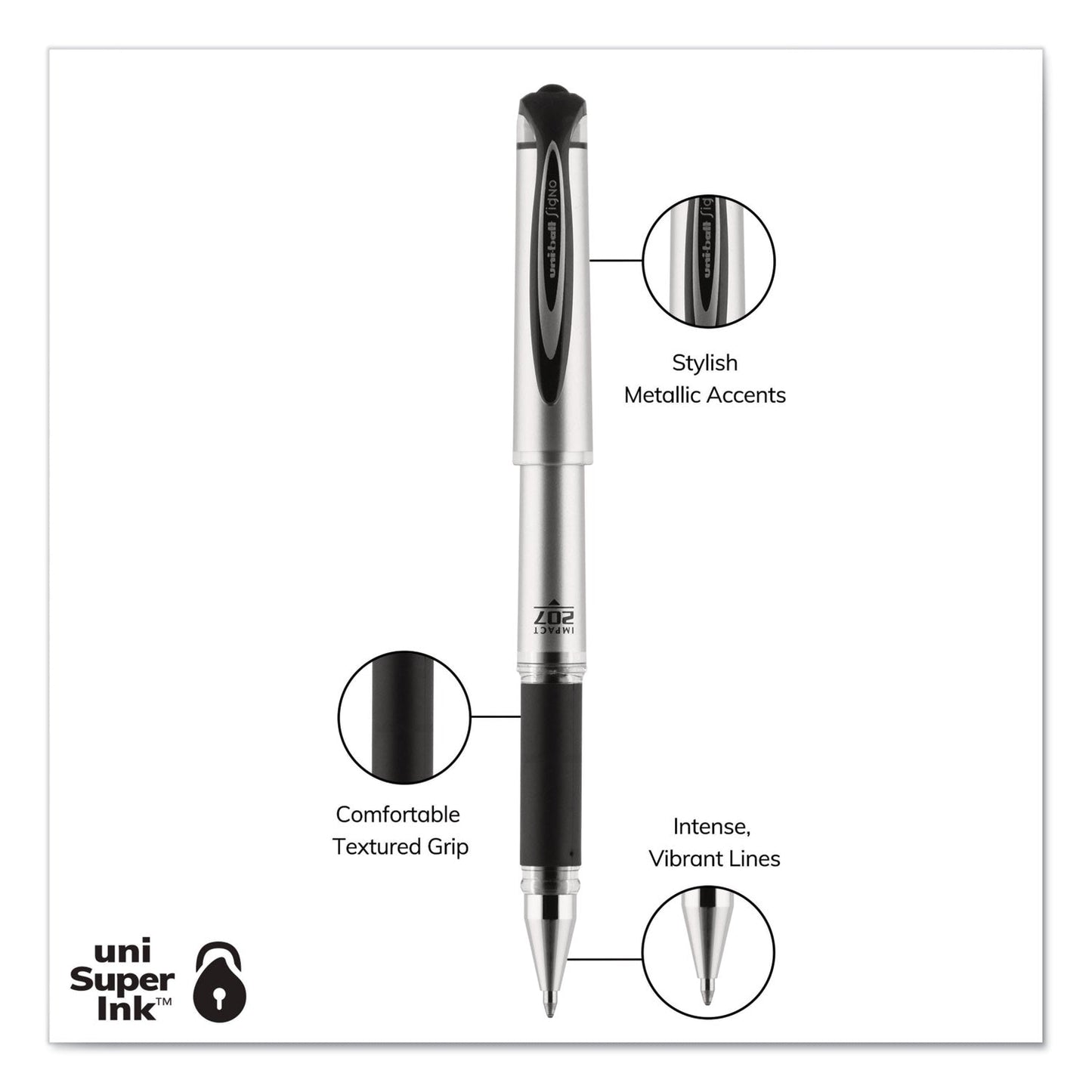 uniball 207 Impact Gel Pen, Stick, Bold 1 mm, Black Ink, Silver/Black Barrel