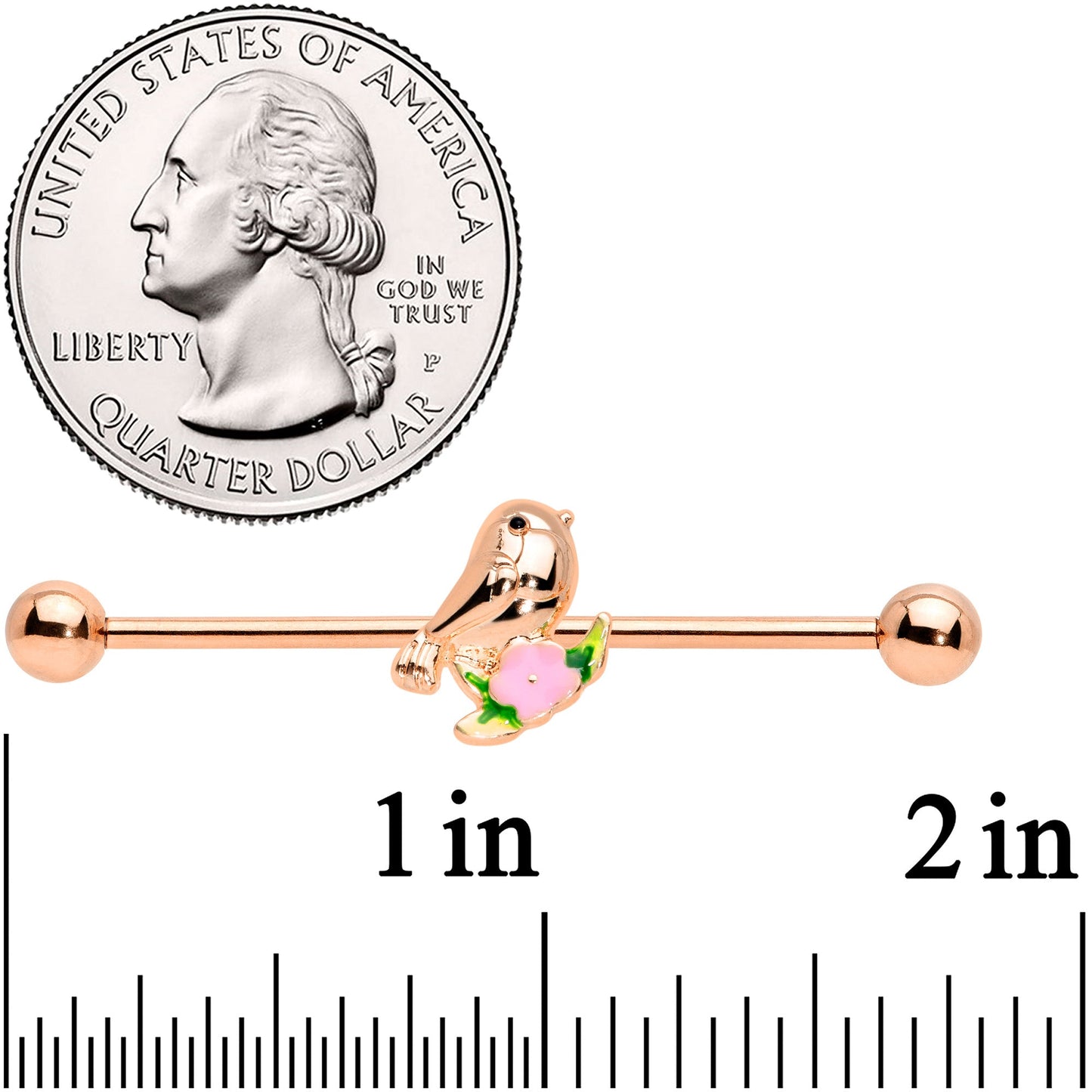 14G Rose Gold Tone Bird Pink Flower Industrial Barbell 38mm