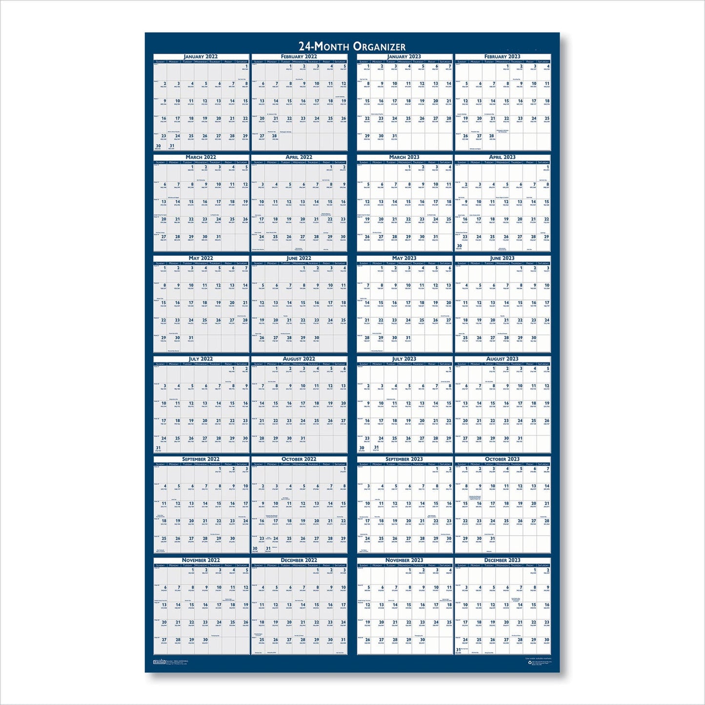 House of Doolittle Reversible/Erasable 2 Year Wall Calendar, 24 x 37, Light Blue/Blue/White Sheets, 24-Month (Jan to Dec): 2023 to 2024