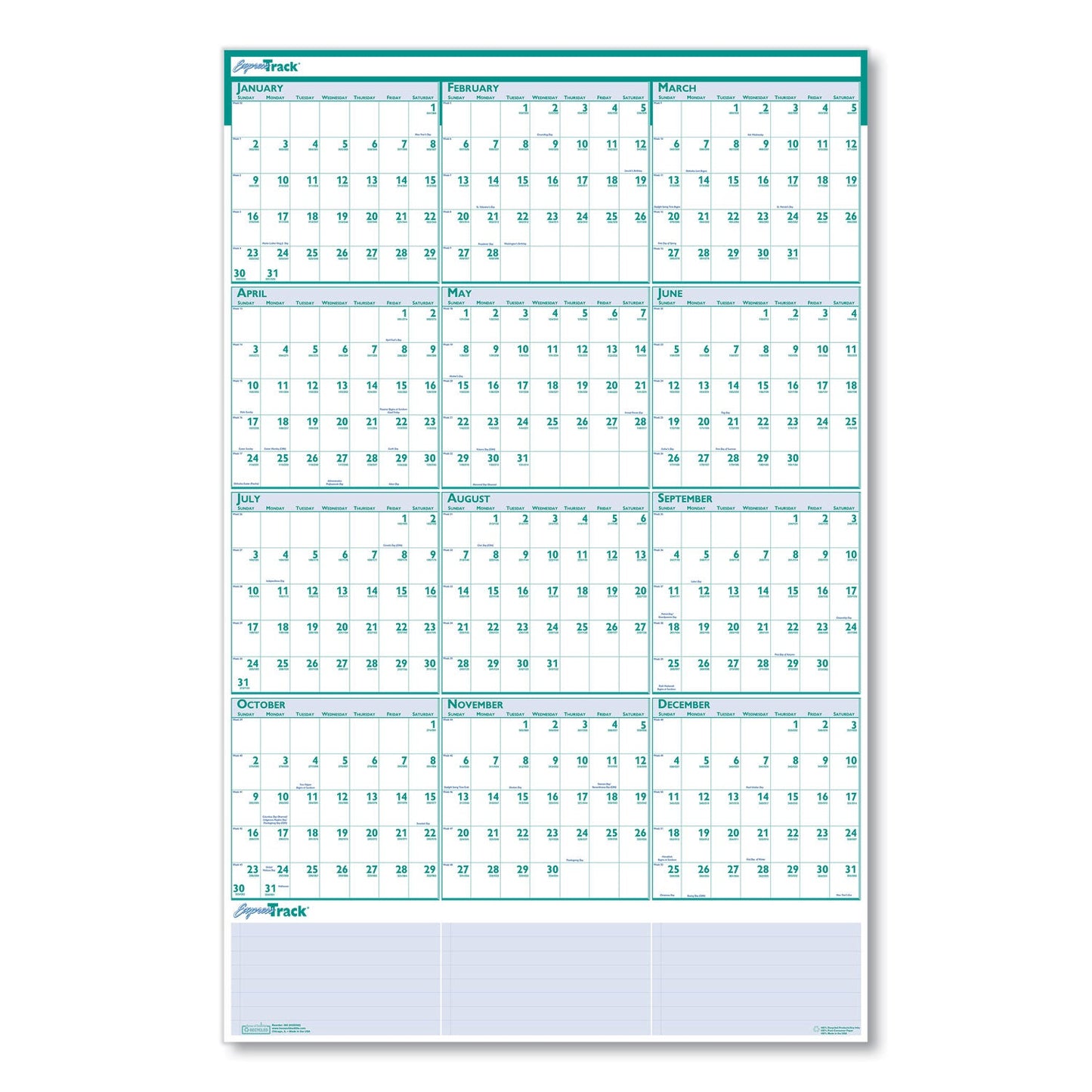 House of Doolittle Express Track Recycled Reversible/Erasable Yearly Wall Calendar, 24 x 37, White/Teal Sheets, 12-Month (Jan to Dec): 2023