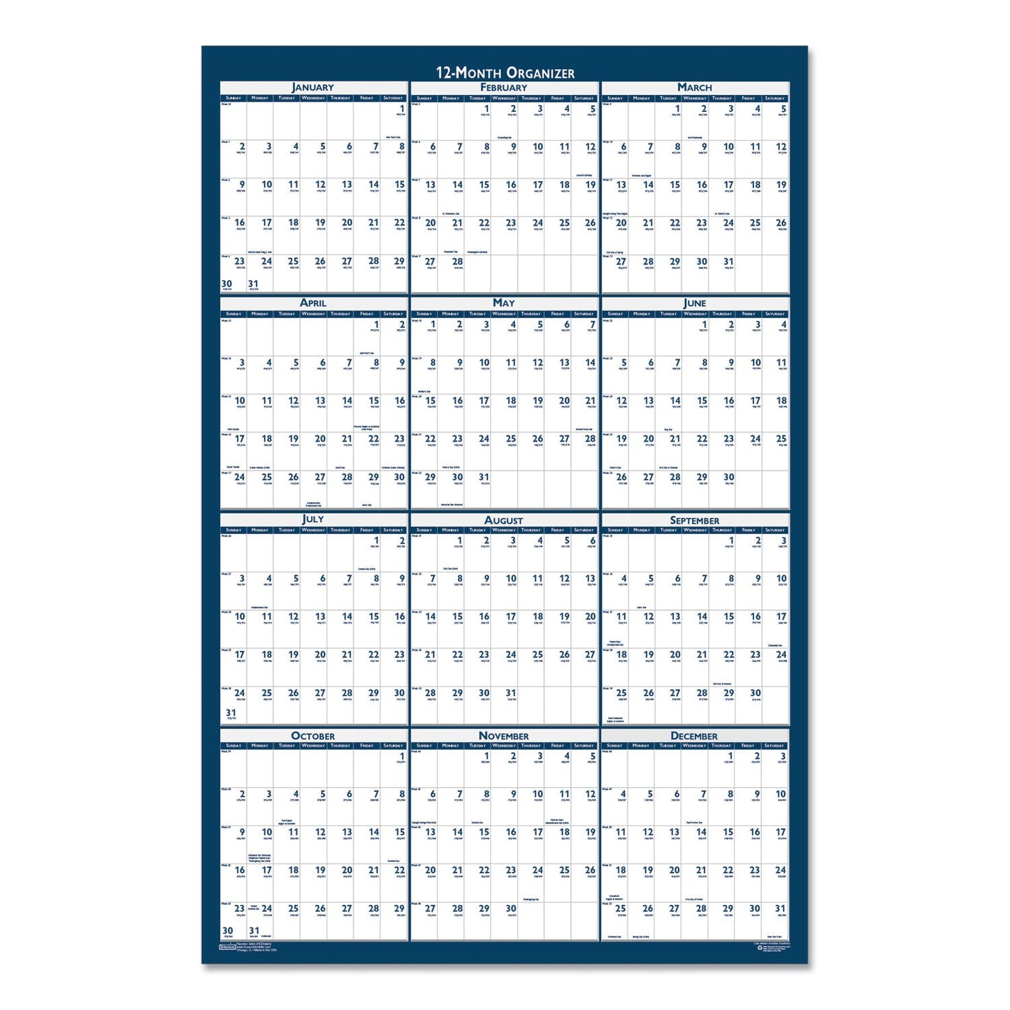 House of Doolittle Recycled Poster Style Reversible/Erasable Yearly Wall Calendar, 24 x 37, White/Blue/Gray Sheets, 12-Month (Jan to Dec): 2023