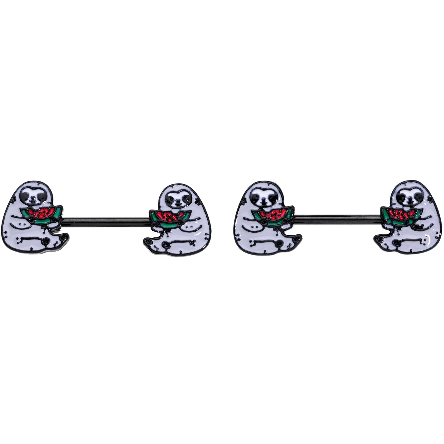 14G 9/16 Black Watermelon Sloth Barbell Nipple Ring Set