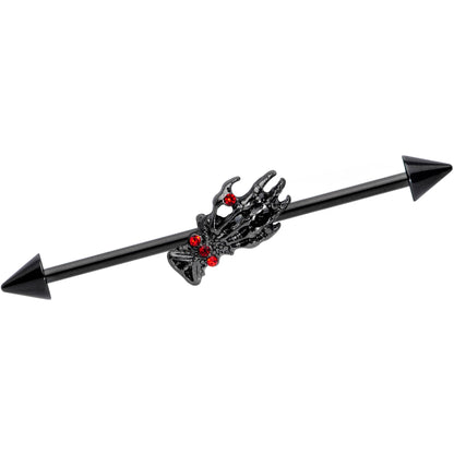 14G Red Gem Black Skeleton Hand Halloween Industrial Barbell 38mm