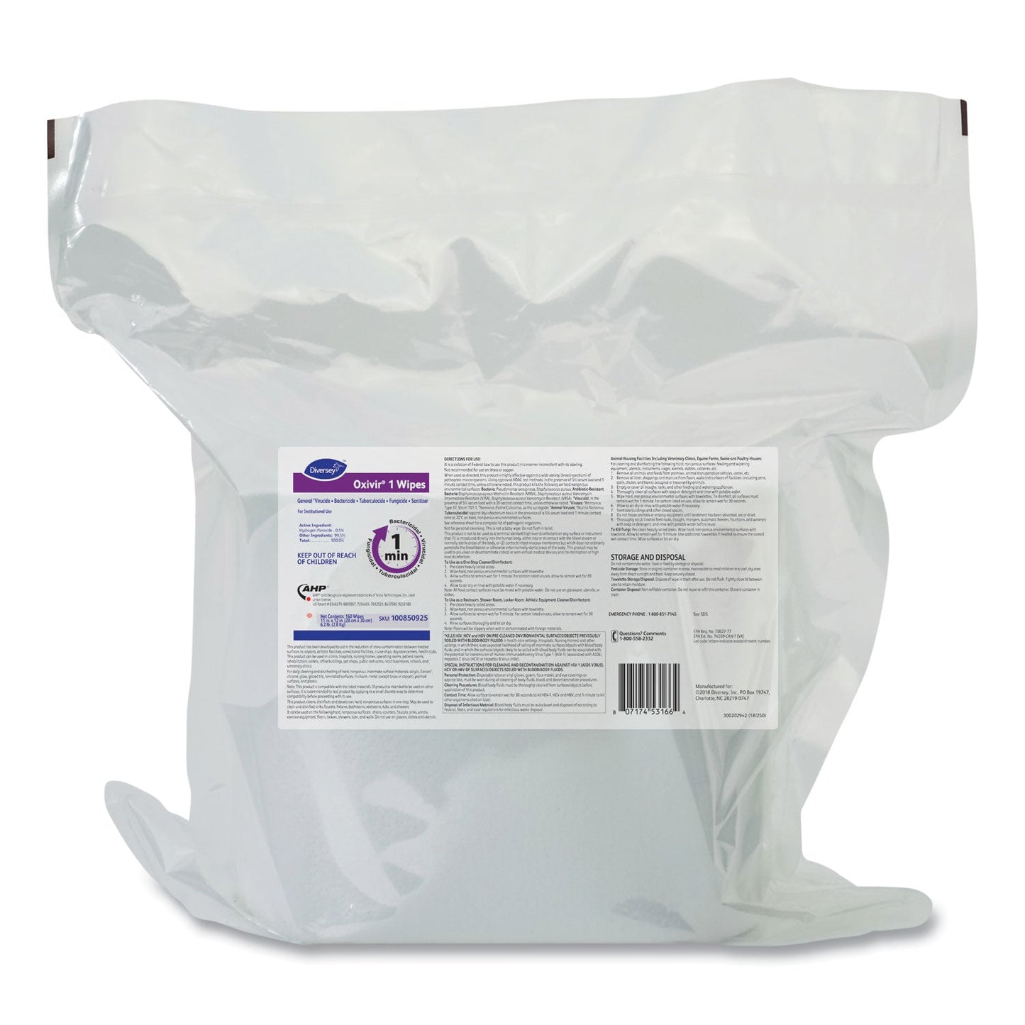 Diversey Oxivir 1 Wipes, 11 x 12, Cherry Almond Scent, 160/Refill Pack, 4/Carton