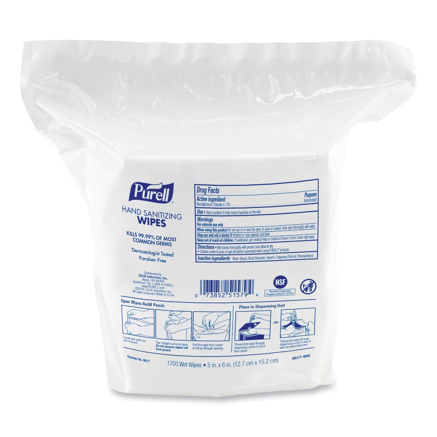 PURELL Hand Sanitizing Wipes, 5 x 6, Fresh Citrus Scent, White, 1,700/Refill Pouch, 4/Carton