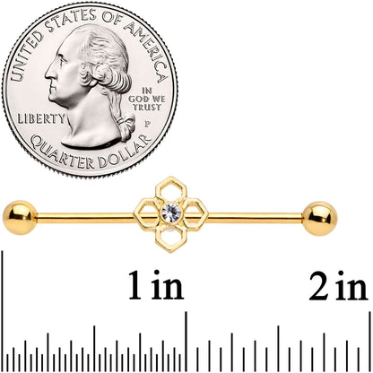 14G Clear Gem Gold Tone Open Cross Industrial Barbell 38mm