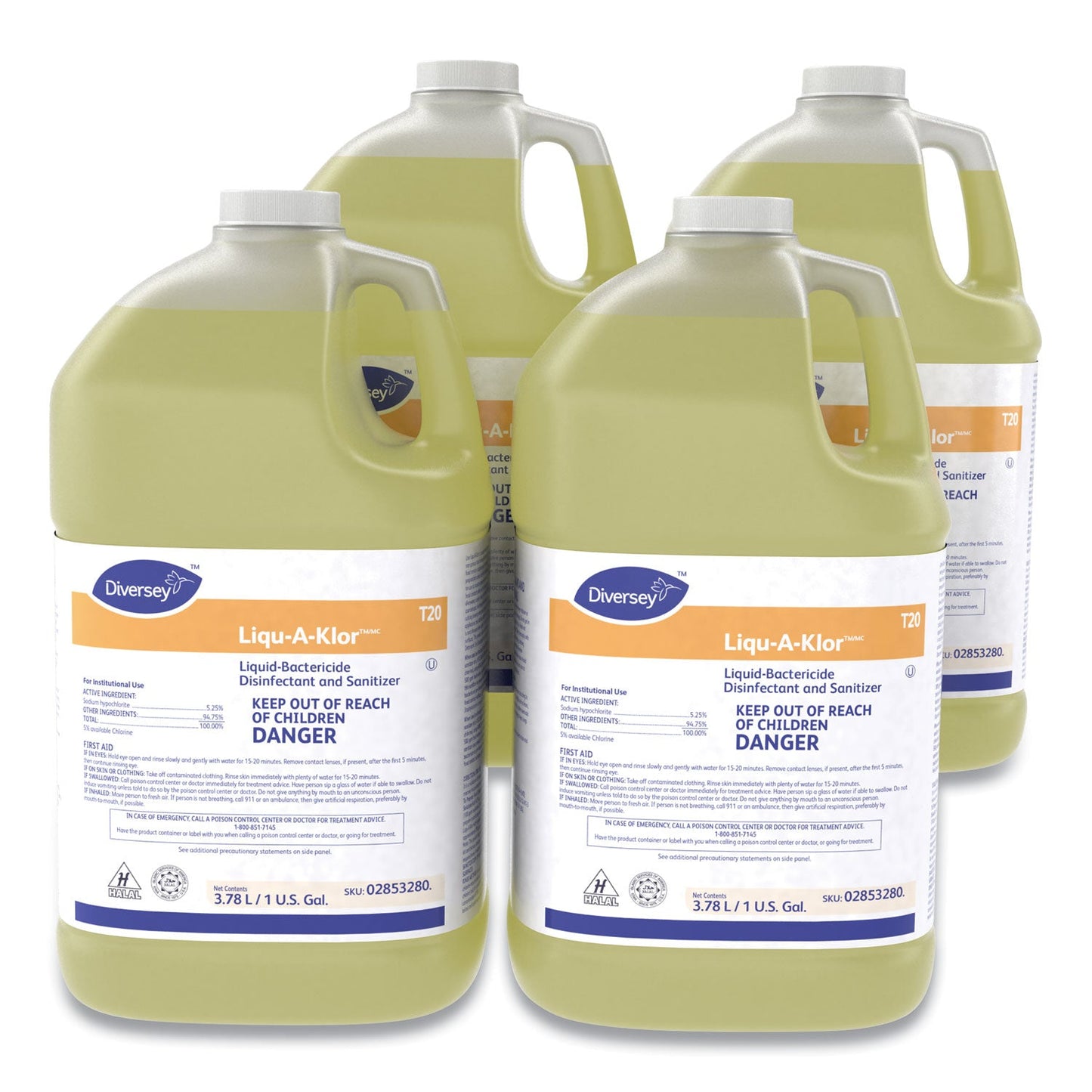 Diversey Liqu-A-Klor Disinfectant/Sanitizer, 1 gal Bottle, 4/Carton