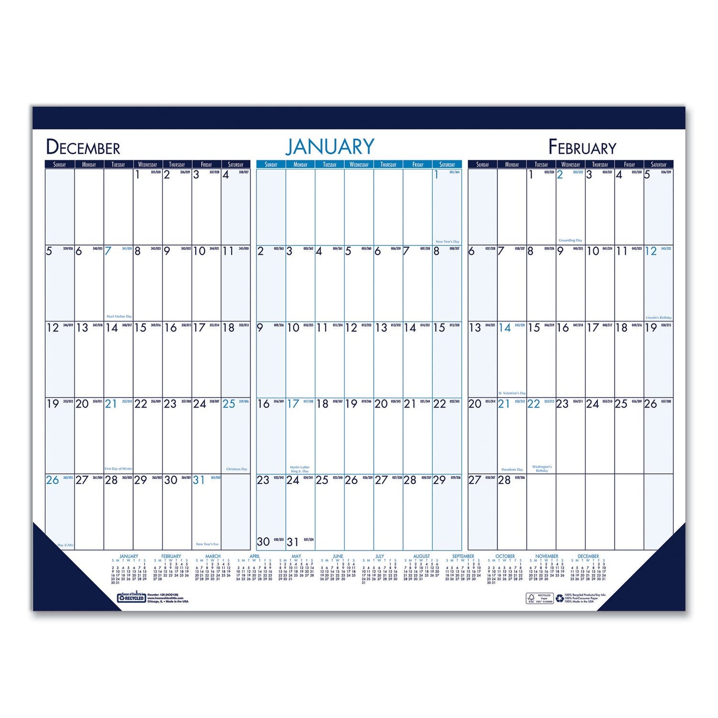 House of Doolittle Three Month Desk Pad, 22 x 17, White/Blue/Teal Sheets, Blue Binding, Blue Corners, 14-Month (Dec to Jan): 2022 to 2024