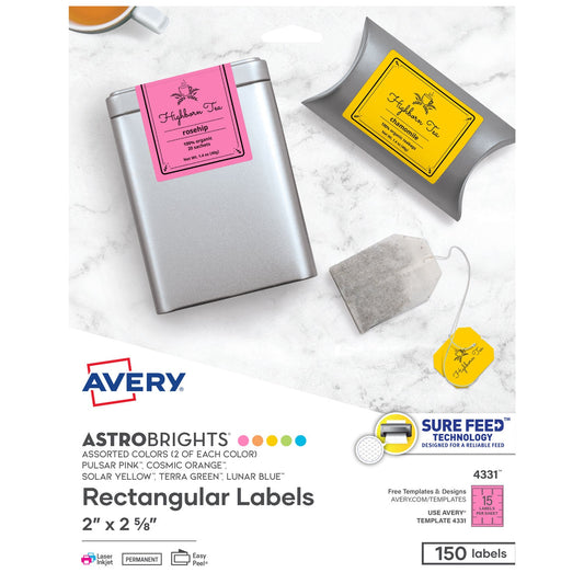 Avery Printable Color Labels with Sure Feed and Easy Peel, 2 x 2.63, Assorted Colors, 15/Sheet, 10 Sheets/Pack