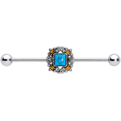 14G Yellow Gem Blue Faux Turquoise Square Industrial Barbell 38mm