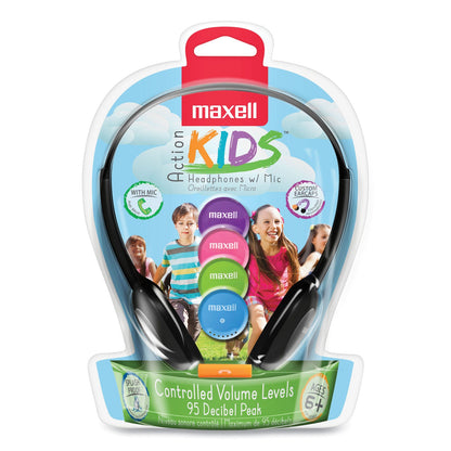Maxell Kids Safe Headphones with Inline Microphone, 4 ft Cord, Black with Interchangeable Pink/Blue/Silver Caps