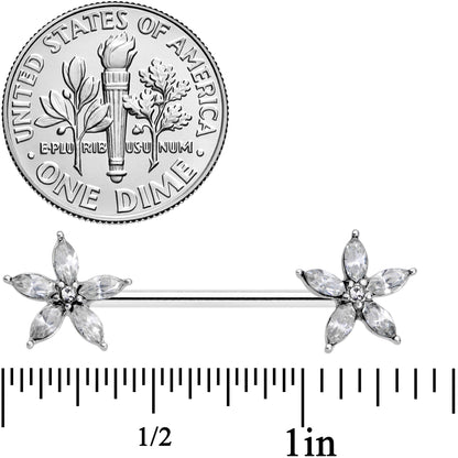14G 9/16 Clear Gem Starry Flower Barbell Nipple Ring Set