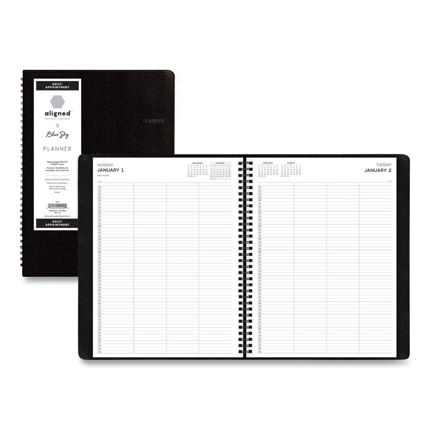 Blue Sky Aligned Daily Four-Person Appointment Planner, 11 x 8, Black Cover, 12-Month (Jan to Dec): 2023