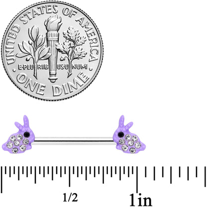 14G 9/16 Clear Gem Purple Easter Bunny Barbell Nipple Ring Set